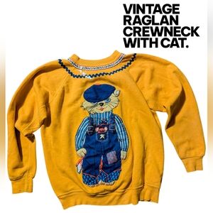 Vintage Raglan Crewneck Sweater with Cat And Collar Details.